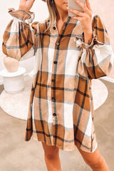 Khaki Plaid Pattern Collared Neck Ruffled Sleeve Shirt Casual Dress