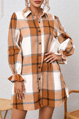 Khaki Plaid Pattern Collared Neck Ruffled Sleeve Shirt Casual Dress