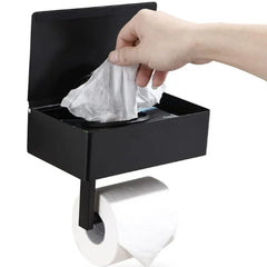 Black Elegance Guard: The Luxury Matt Black Toilet Roll Holder with Slim Storage Compartment