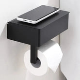 Black Elegance Guard: The Luxury Matt Black Toilet Roll Holder with Slim Storage Compartment