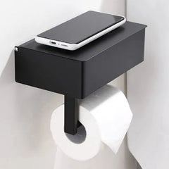 Black Elegance Guard: The Luxury Matt Black Toilet Roll Holder with Slim Storage Compartment