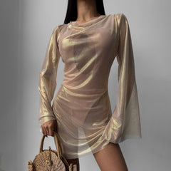 Mesh Gold Foil See-Through Flared Long-Sleeved Dress