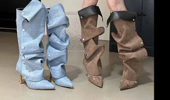 Rivet Button Pleated Knee-High Boots