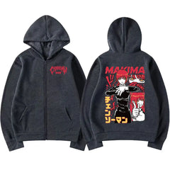 Japan AnimeHooded Makima Funny Print Zip Up Sweatshirt Harajuku Warm Zipper Jacket