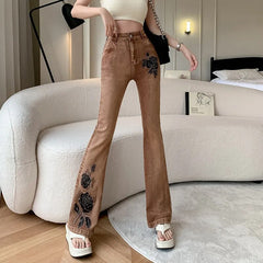Chic Mid-Waist Flared Jeans with Personality Embroidery for Women