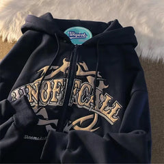 Retro American Letter Print Zip Hoodie Hip Hop Loose Women's Cardigan