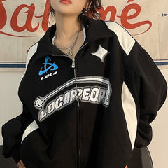 Letter Print Zipper Jacket Women American Women Oversized Korean Casual