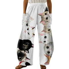 Length Wide Leg Pants with Cute Kitty Cats Graphics