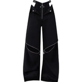 Korean Style Black Cargo Pants with Zip Pockets for Women