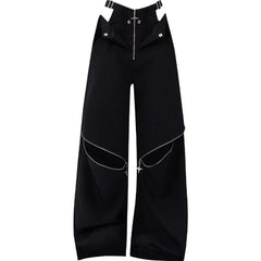 Korean Style Black Cargo Pants with Zip Pockets for Women