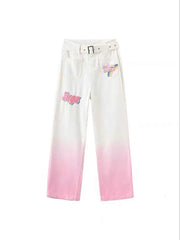 Street Hip Hop American Retro Gradient Pink Jeans High Waist Zipper Button Pocket