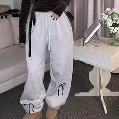 Korean Fashion Fleece Sweatpants Women Y2K Bow Print Brushed Oversized Winter