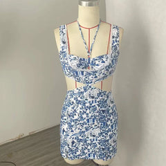 Suspender Printed Lace Hollow Out Slit Beach Holiday Swimwear For Female