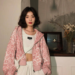 Hoodies Women Leopard Print Oversized Vintage Zipper Cropped Top