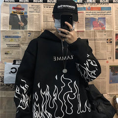 Retro Flame Print Hoodies Women Autumn Tops