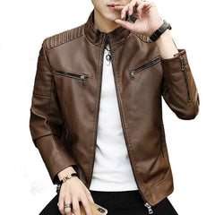 Cotton PU Leather Jacket Autumn Winter Stand Collar Men Loose Casual Zipper Coat