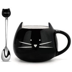 Cartoon Cat Mugs Coffee Cups with Stirring Spoon Black White Ceramic