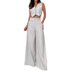 Striped Vest Top & Cuffed Pants Wide Leg Two Piece Suit Single Breasted