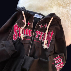 Hoodies Women Embroidery High Quality Hooded Zipper Cardigan Loose Casual