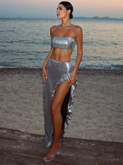 Above The Stars Silver Sequins Two Piece Skirt Set