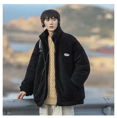 Men's Autumn Winter Retro Versatile Casual Velvet Cotton Printed Zipper Warm Soft