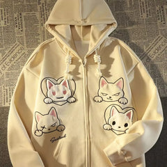 Women's Zip Up Casual Hoodies Print Cat Autumn WInter