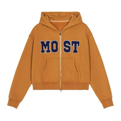 Y2k Hoodies Women Vintage Aesthetic Hip Hop Letter Embroidery Double Zipper