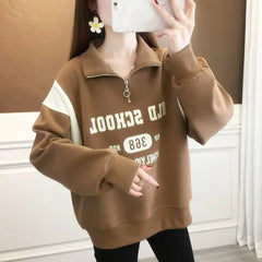 Zipper Spliced Printed Letter Sweatshirts Female Clothing 2024 Spring New Loose All-match
