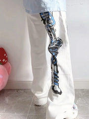 Y2K Anime Print White Pants Women Harajuku Wide Leg Trousers