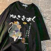 Japanese Retro Fish Cat Print T-Shirt Men