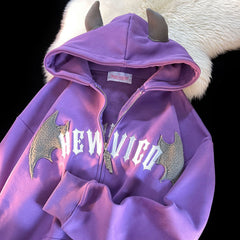 Hoodie Zipper Women Embroidered Retro Little Devil Fashion Y2K Street Casual