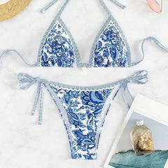 Blue and white printed sports bikini backless