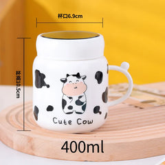 Cartoon Cow Mirror Mug Cute Cow Spotted Ceramic Water Bottle with Handle