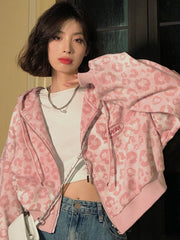 Hoodies Women Leopard Print Oversized Vintage Zipper Cropped Top