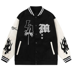 Letter Embroidery Men Baseball Jacket Y2k Flame Leather Windbreaker High Street Hip-Hop Vintage