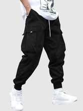 Men Cargo Pant Solid Mid Waist Elastic Tooling Trousers