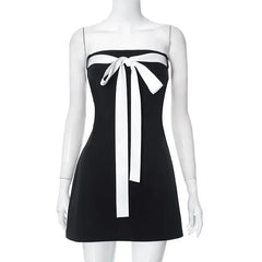 Y2K Black Backless Bow Tie Tube Top Mini Dress