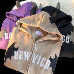 Hoodie Zipper Women Embroidered Retro Little Devil Fashion Y2K Street Casual
