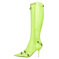 PU Buckle Pointed Toe Knee High Heels