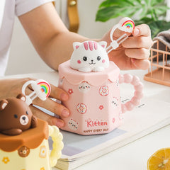 Cartoon Ceramic Mug With Lid and Spoon Creative Cute