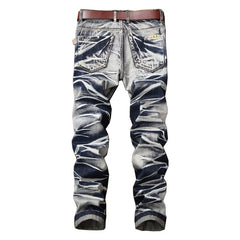 Casual Mid-rise Coated Slim Straight Pleated Biker Jeans Pants