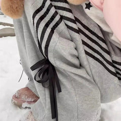 Y2K Fleece Sweatpants with Bow Women Korean Style Winter
