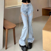 Retro Revival: American Flared Denim Trousers with Chic Lace-Up Detail