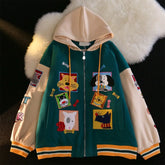 2022 Color Block Vintage Cute Cartoon Print Zip Up Hoodies Kawaii Spring
