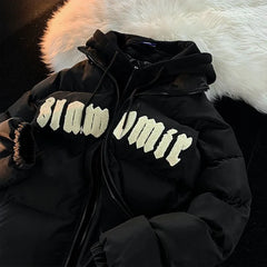 Korean Style Retro Oversize Hooded Jacket for Women with Letter Embroidery Winter Coat