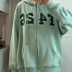Zip Up Casual Hoodies Women Fleece Letter Print