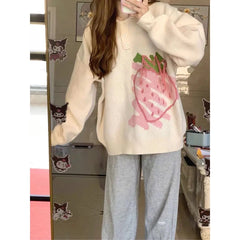 Cute Strawberry Knit Tops for Women Harajuku Kawaii Sweaters for Autumn and Winter