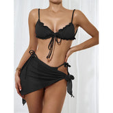 2024 New Set Bikini Sets+Sarong Lace Up Brazilian Thong Ribbed Beachwear