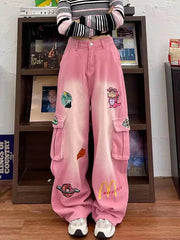 Cartoon Baggy Cargo Jeans for Women 2024 Spring Waist Slimming