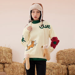 Sweaters Long Sleeves Petal Collar Loose Knitted Pullover Puppy Embroidery Warm Casual Chic Tops